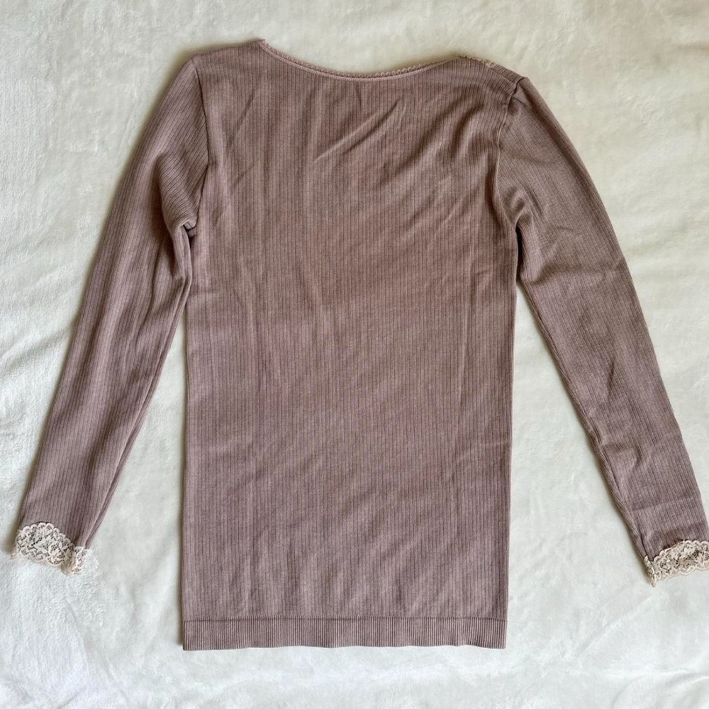 coquette beige/dusty pink ribbed top with cream lace trim and bow detail - Picture 2 of 4